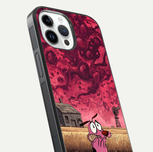 Courage Under Sky Glass Case for iPhone 14 Pro close-up highlighting typography and HD reflection