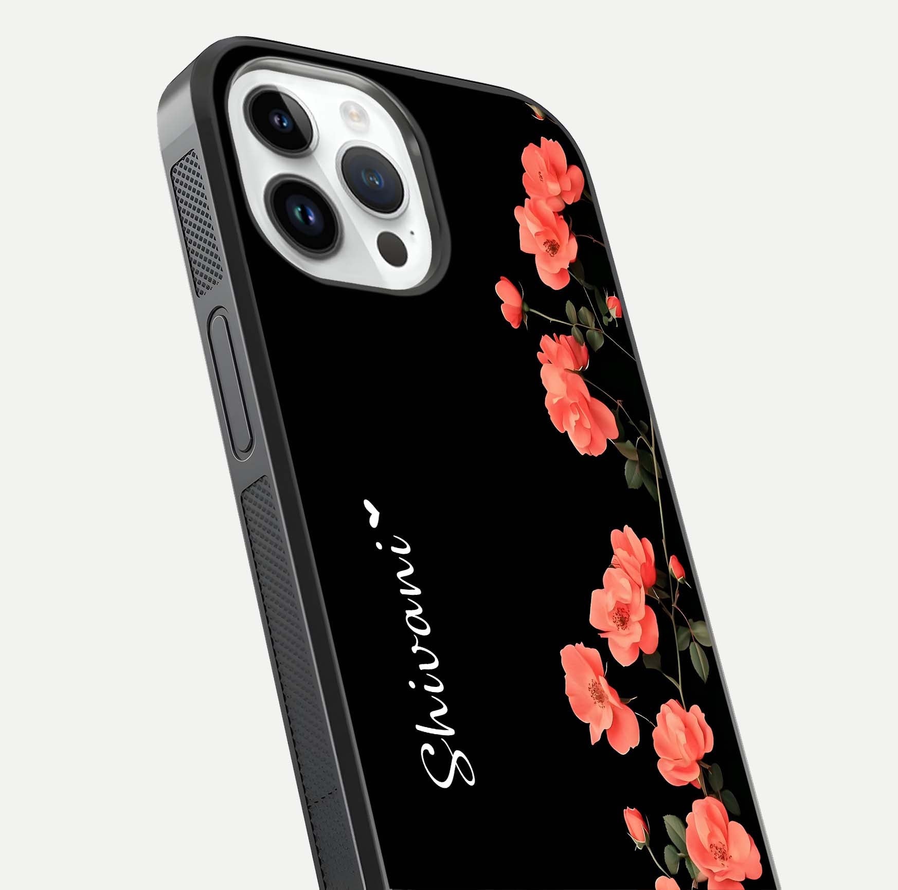Crimson Bloom Grace Custom Name Glass Case for iPhone 14 Pro close-up highlighting flower pattern and reflection texture