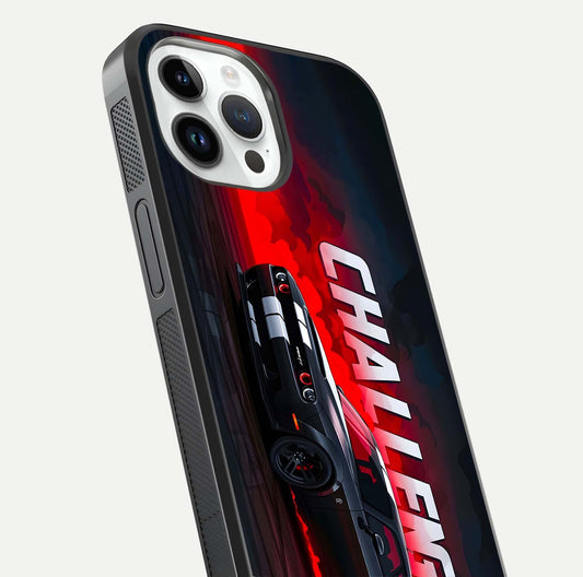 Crimson Challenger Fury Glass Case for iPhone 14 Pro close-up highlighting car details and reflection depth