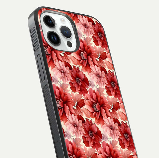 Crimson Love Petals Glass Case for iPhone 14 Pro close-up highlighting petal texture and light reflection