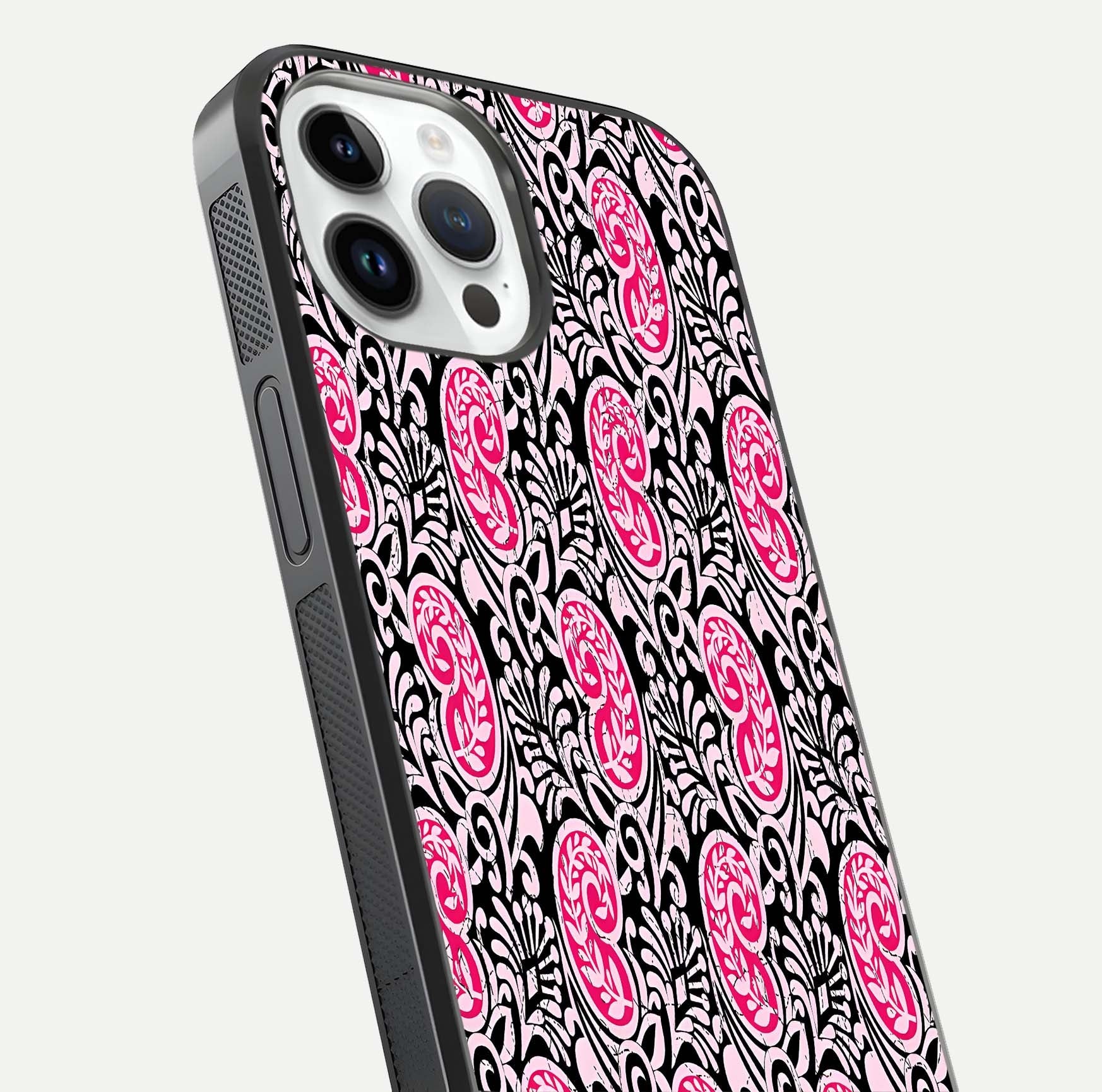 Crimson Paisley Charm Glass Case for iPhone 14 Pro close-up highlighting fine pattern detail and reflection tone