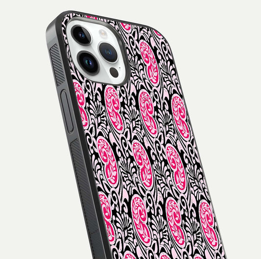 Crimson Paisley Charm Glass Case for iPhone 14 Pro close-up highlighting fine pattern detail and reflection tone