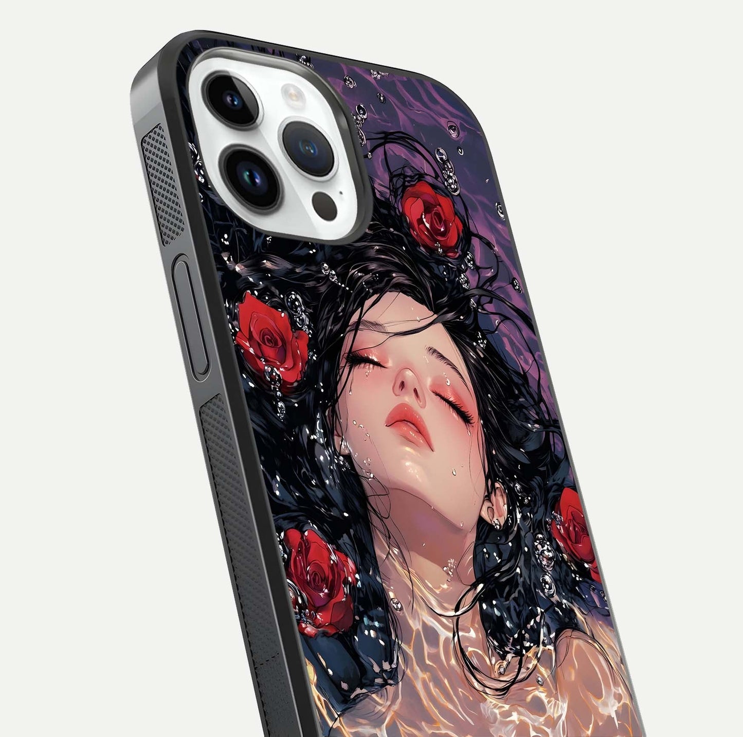 Crimson Rose Serenity Glass Case for iPhone 14 Pro close-up highlighting rose gradient and reflection detail