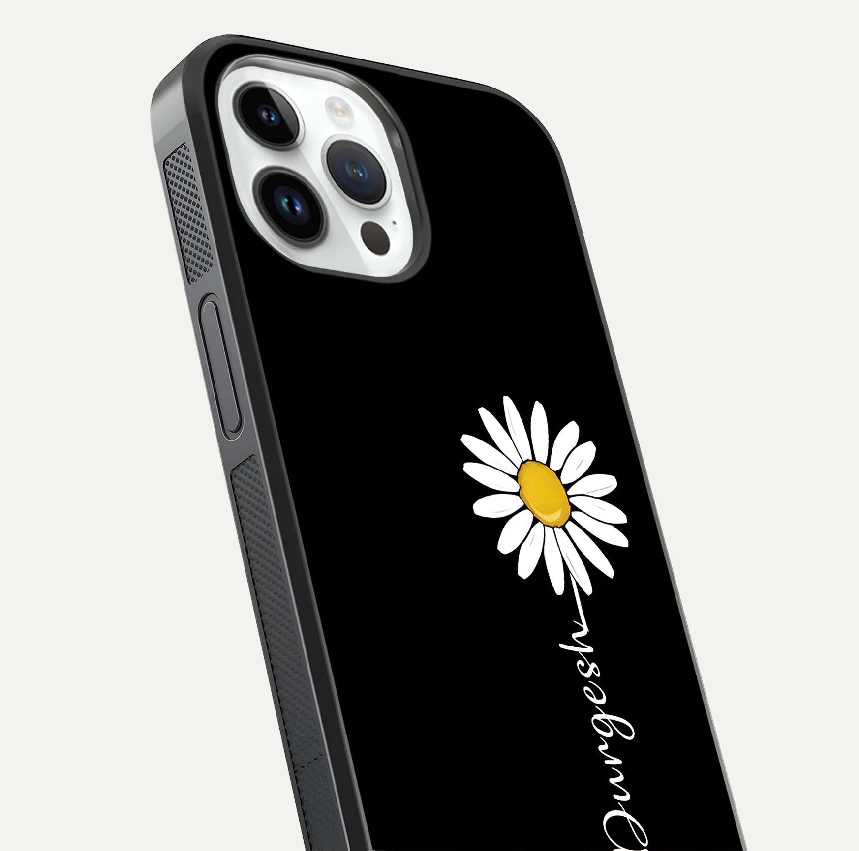 Custom Name White Flower Glass Case for iPhone 14 Pro close-up highlighting petals, name print, and reflection polish