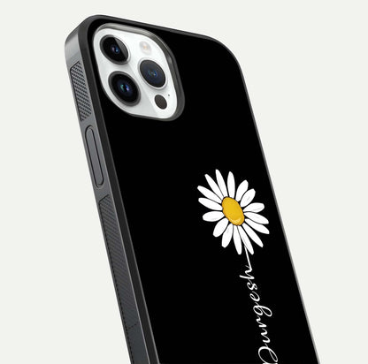 Custom Name White Flower Glass Case for iPhone 14 Pro close-up highlighting petals, name print, and reflection polish