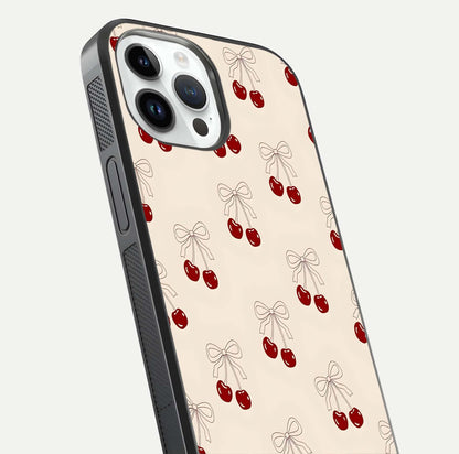 Cute Cherry Pattern Glass Case for iPhone 14 Pro close-up showing cherry cluster details and light reflection