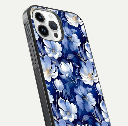 Cute Floral Patterns Glass Case for iPhone 14 Pro close-up highlighting flowers and gloss reflection