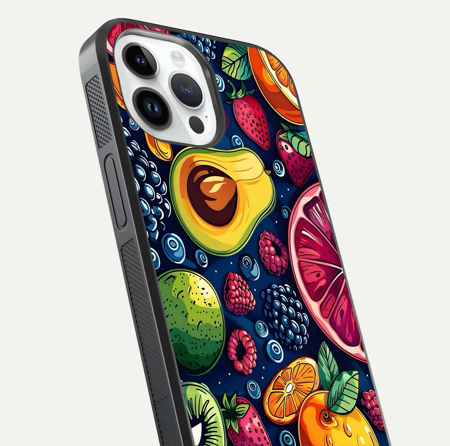 Cute Fruits Art Glass Case for iPhone 14 Pro close-up highlighting fruit shapes, color tones, and reflection polish