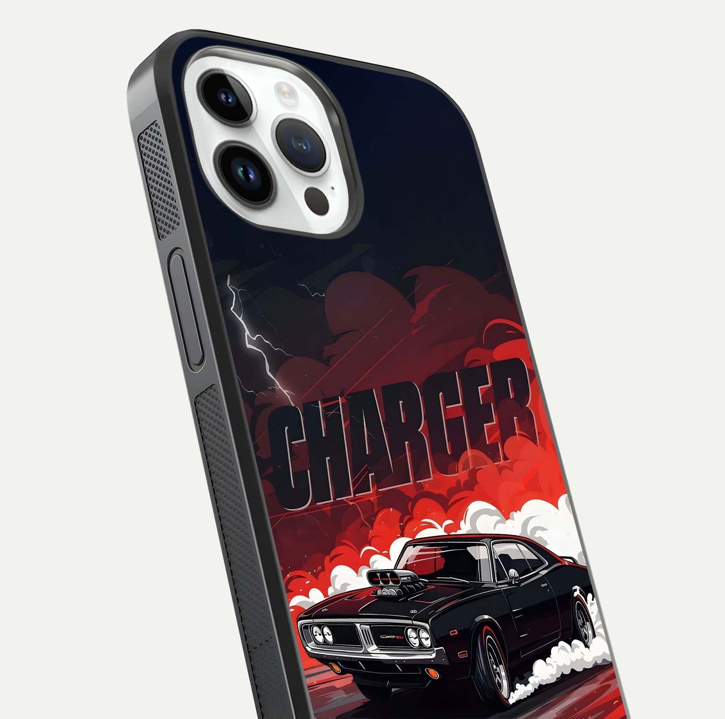 Dark Charger Fury Glass Case for iPhone 14 Pro close-up highlighting car reflection and light gloss