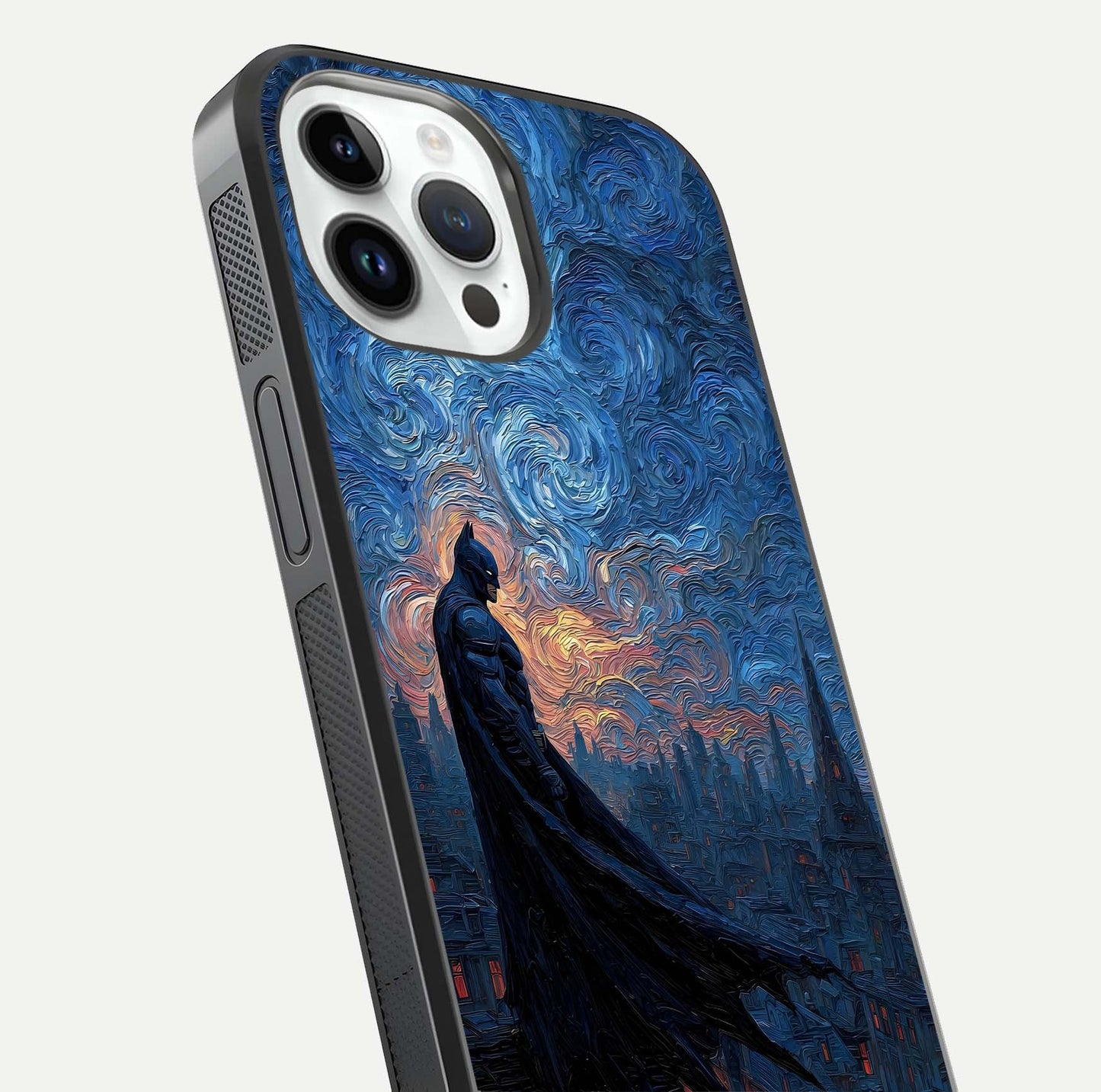 Dark Knight Dusk Glass Case for iPhone 14 Pro close-up highlighting dark suit texture and reflection detail
