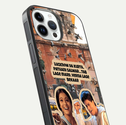 Desi Retro Vibes Glass Case for iPhone 14 Pro close-up highlighting retro color palette and reflection glow