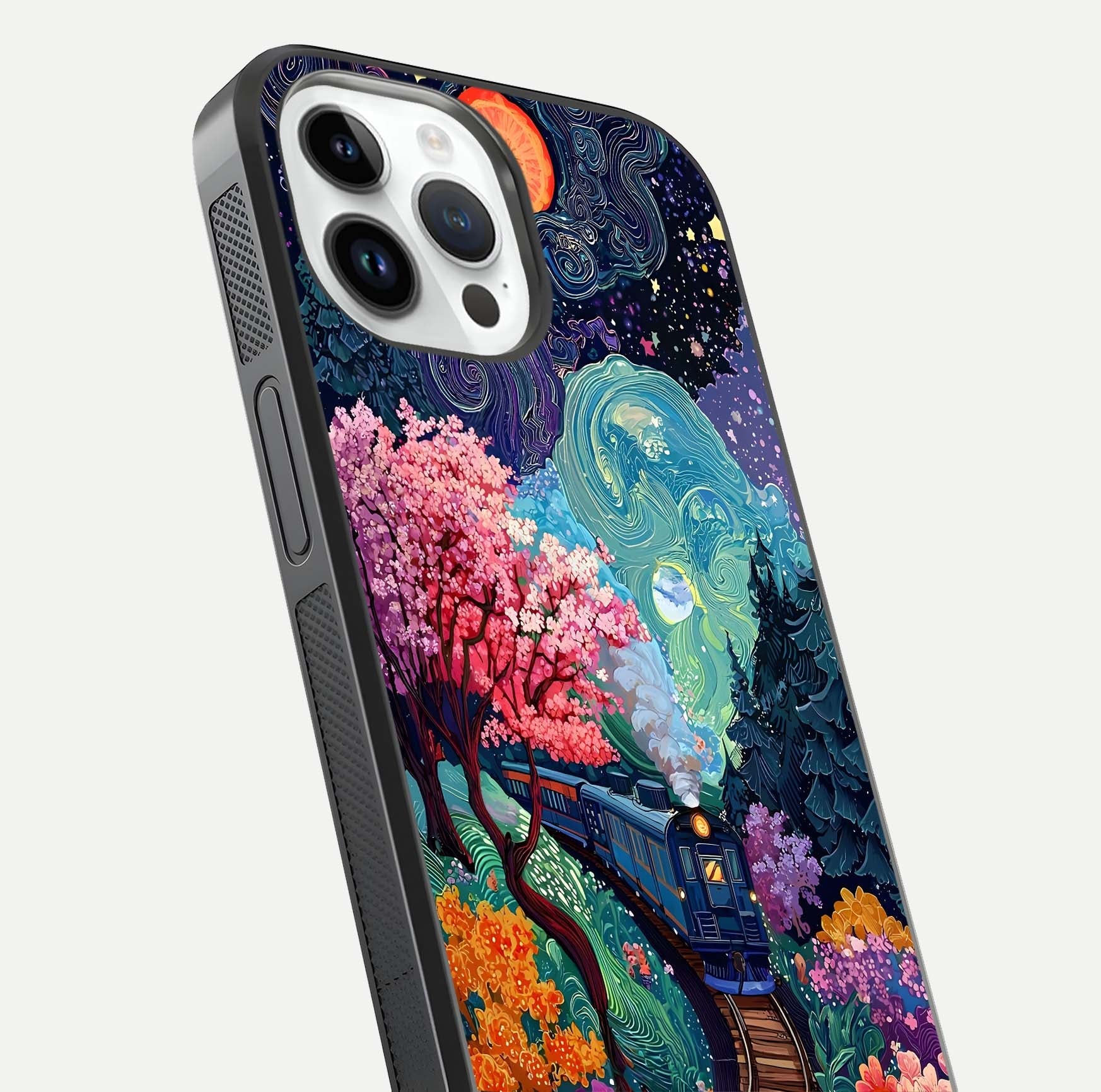 Digital Art Glass Case for iPhone 14 Pro close-up highlighting brush-stroke details and reflection polish