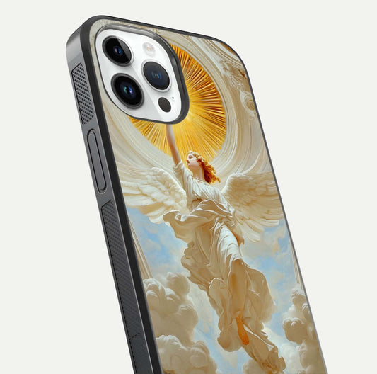 Divine Light Angel Glass Case for iPhone 14 Pro close-up highlighting light rays and glass reflection