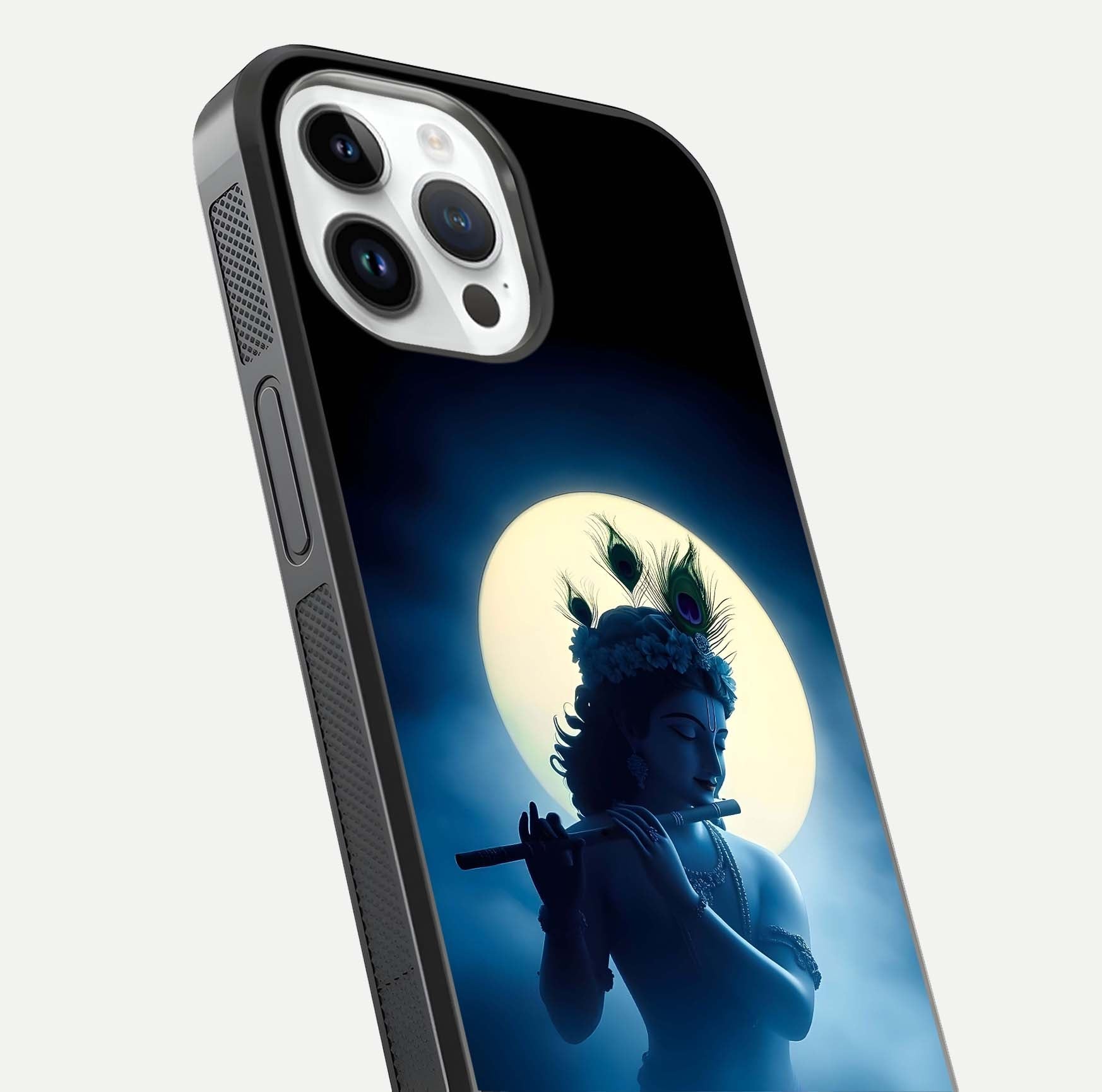 Divine Moon Flute Glass Case for iPhone 14 Pro close-up highlighting flute detail and reflection shine