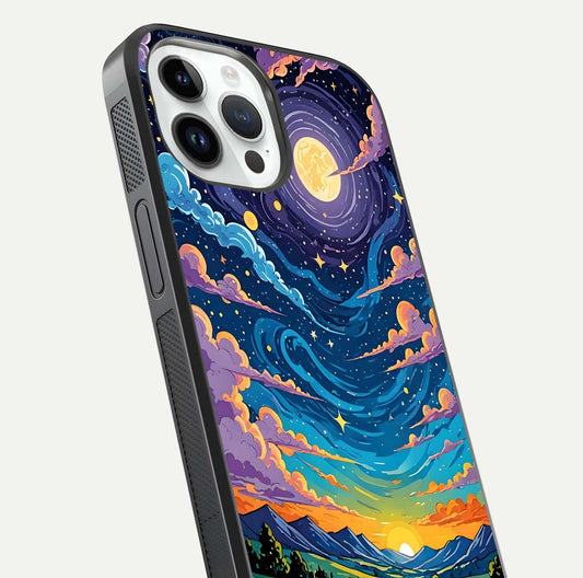 Dreamy Night Landscape Glass Case for iPhone 14 Pro close-up highlighting stars and reflection tone
