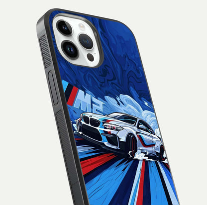 Drift Power Rush Glass Case for iPhone 14 Pro close-up highlighting car reflection and metallic tones