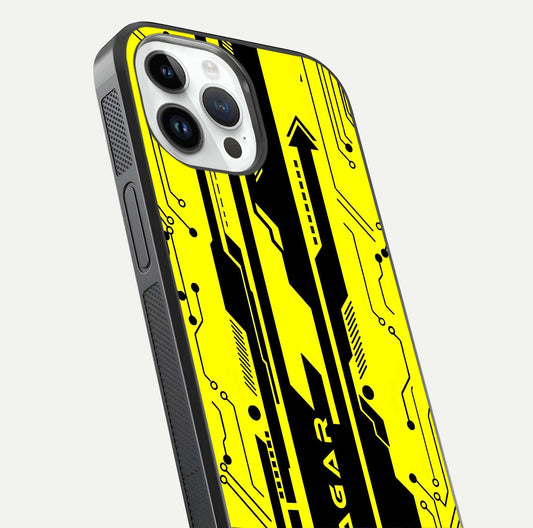 Electric Pulse CYBERPUNK Custom Name Glass Case for iPhone 14 Pro close-up highlighting tech pattern, lighting effect, and reflection shine
