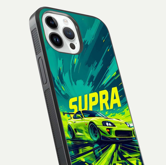 Electric Supra Thunder Glass Case for iPhone 14 Pro close-up highlighting car reflection, neon tones, and gloss polish