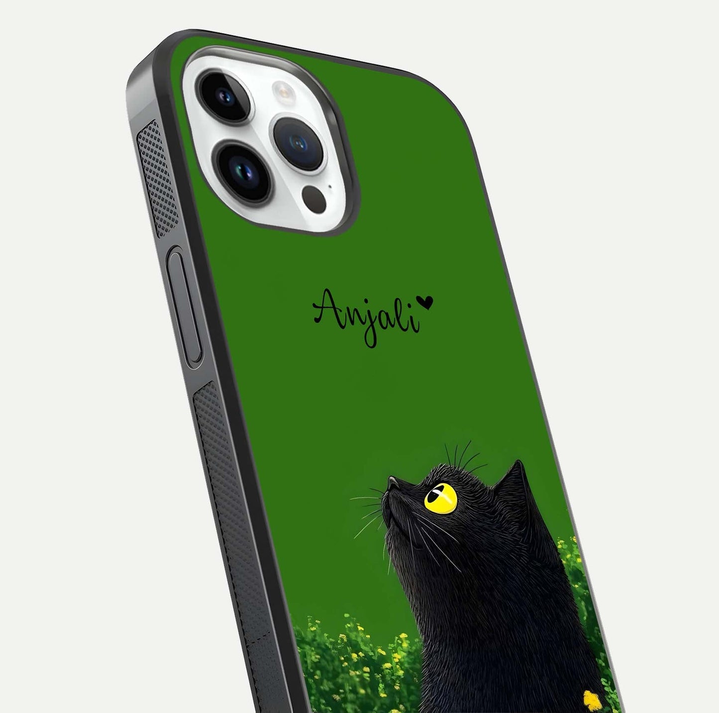Emerald Cat Custom Name Glass Case for iPhone 14 Pro close-up highlighting feline detail, emerald hues, and reflection polish