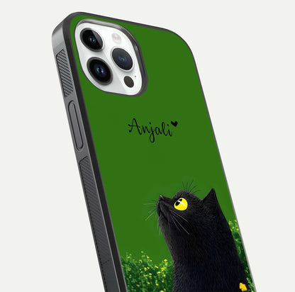Emerald Cat Custom Name Glass Case for iPhone 14 Pro close-up highlighting feline detail, emerald hues, and reflection polish