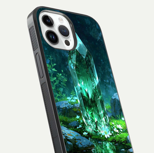 Emerald Light Crystal Glass Case for iPhone 14 Pro close-up highlighting crystal texture and reflection glow