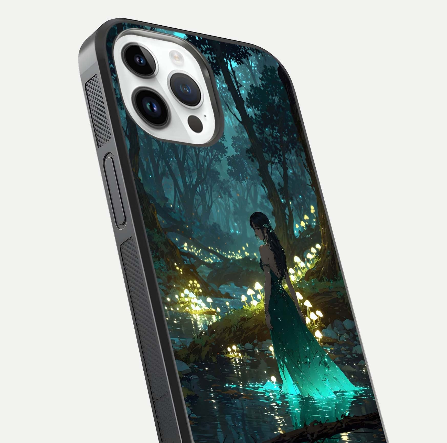 Enchanted Forest Glow Glass Case for iPhone 14 Pro close-up highlighting trees, lights, and reflection texture