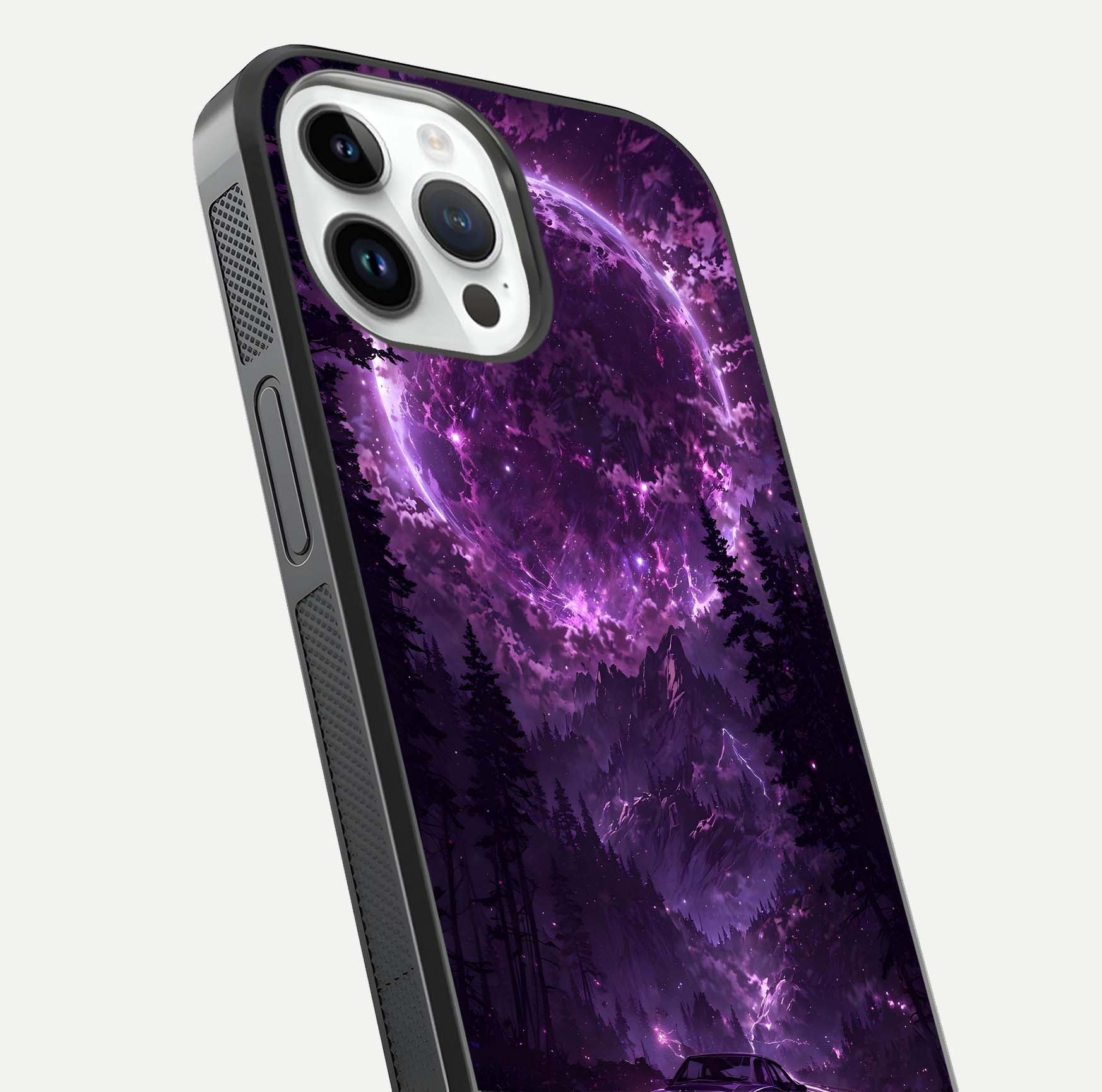 Eternal Cosmic Drive Glass Case for iPhone 14 Pro close-up highlighting cosmic lights and reflection depth