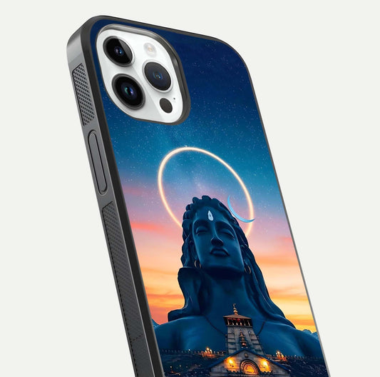 Eternal Shiva Aura Glass Case for iPhone 14 Pro close-up highlighting divine detailing and reflection light