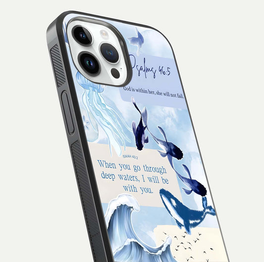 Faithful Ocean Promise Glass Case for iPhone 14 Pro close-up highlighting water reflection and serene blue tones