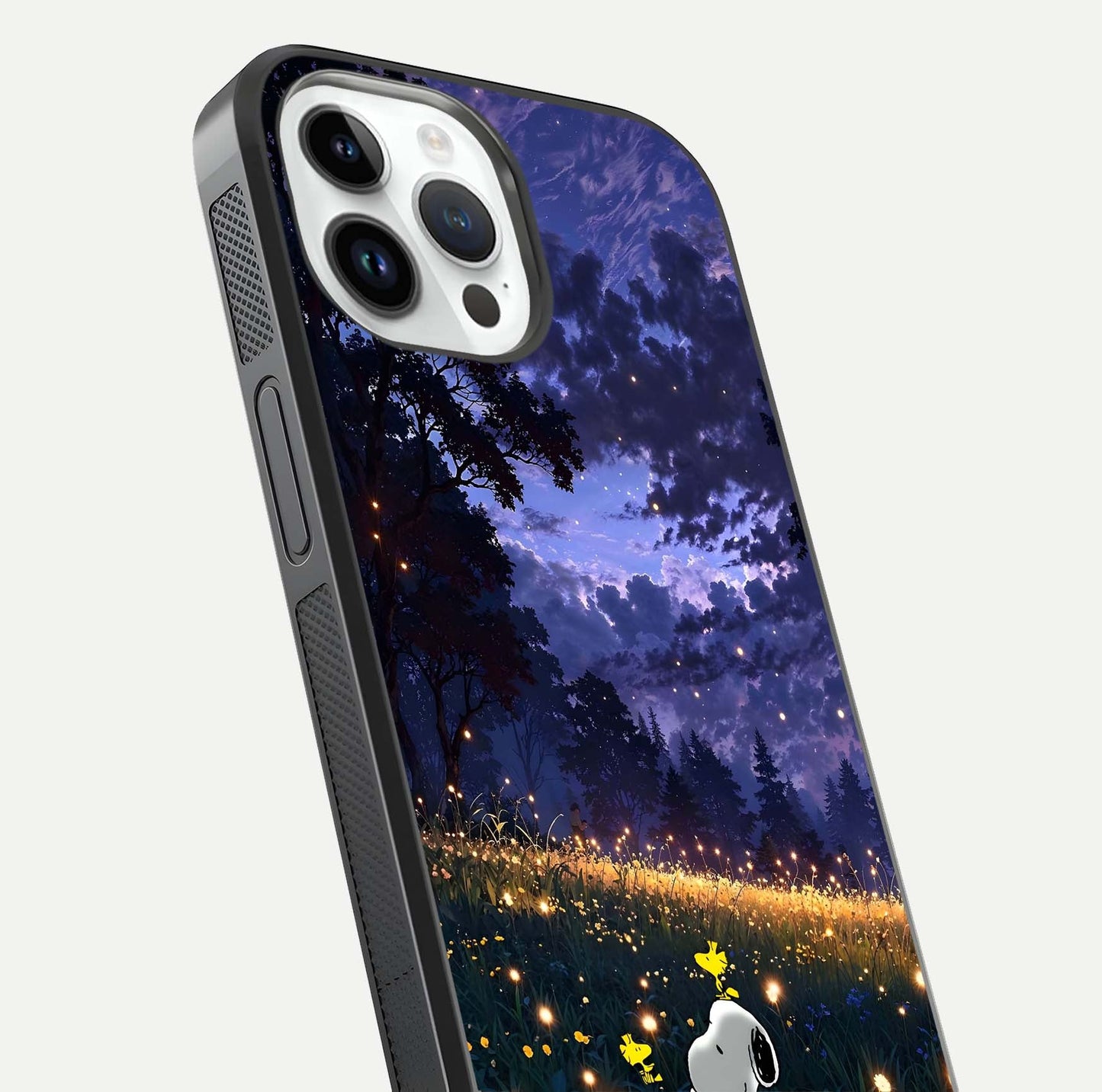Firefly Meadow Magic Glass Case for iPhone 14 Pro close-up highlighting luminous firefly light and reflection detail