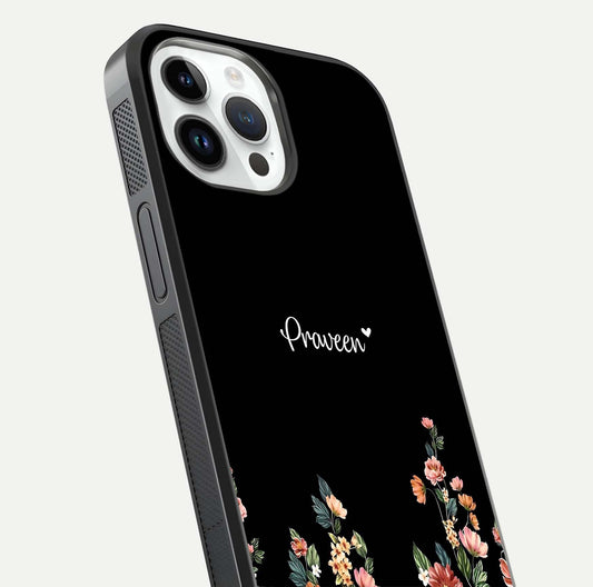 Floral Design Personalized Custom Name Glass Case for iPhone 14 Pro close-up highlighting name clarity, petals, and gloss