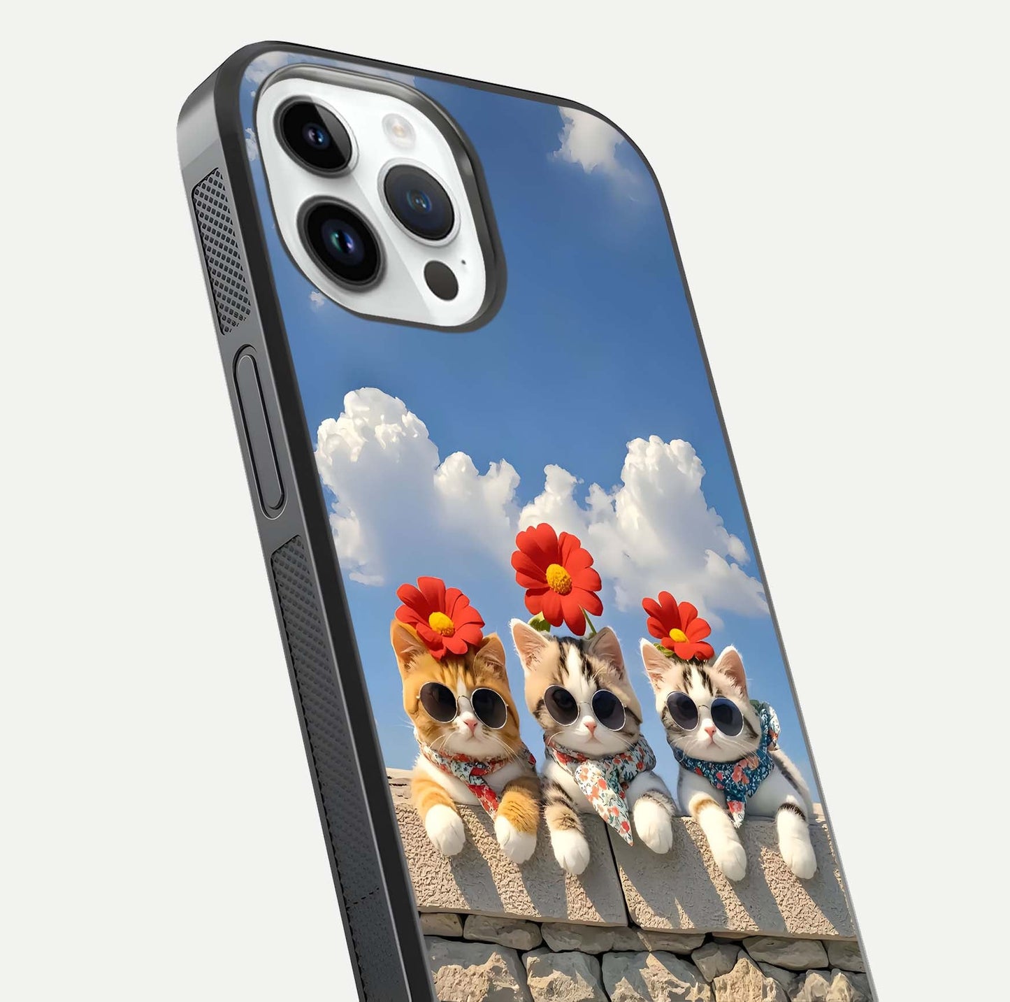 Floral Kitty Squad Glass Case for iPhone 14 Pro close-up highlighting cat detail and flower patterns with HD shine