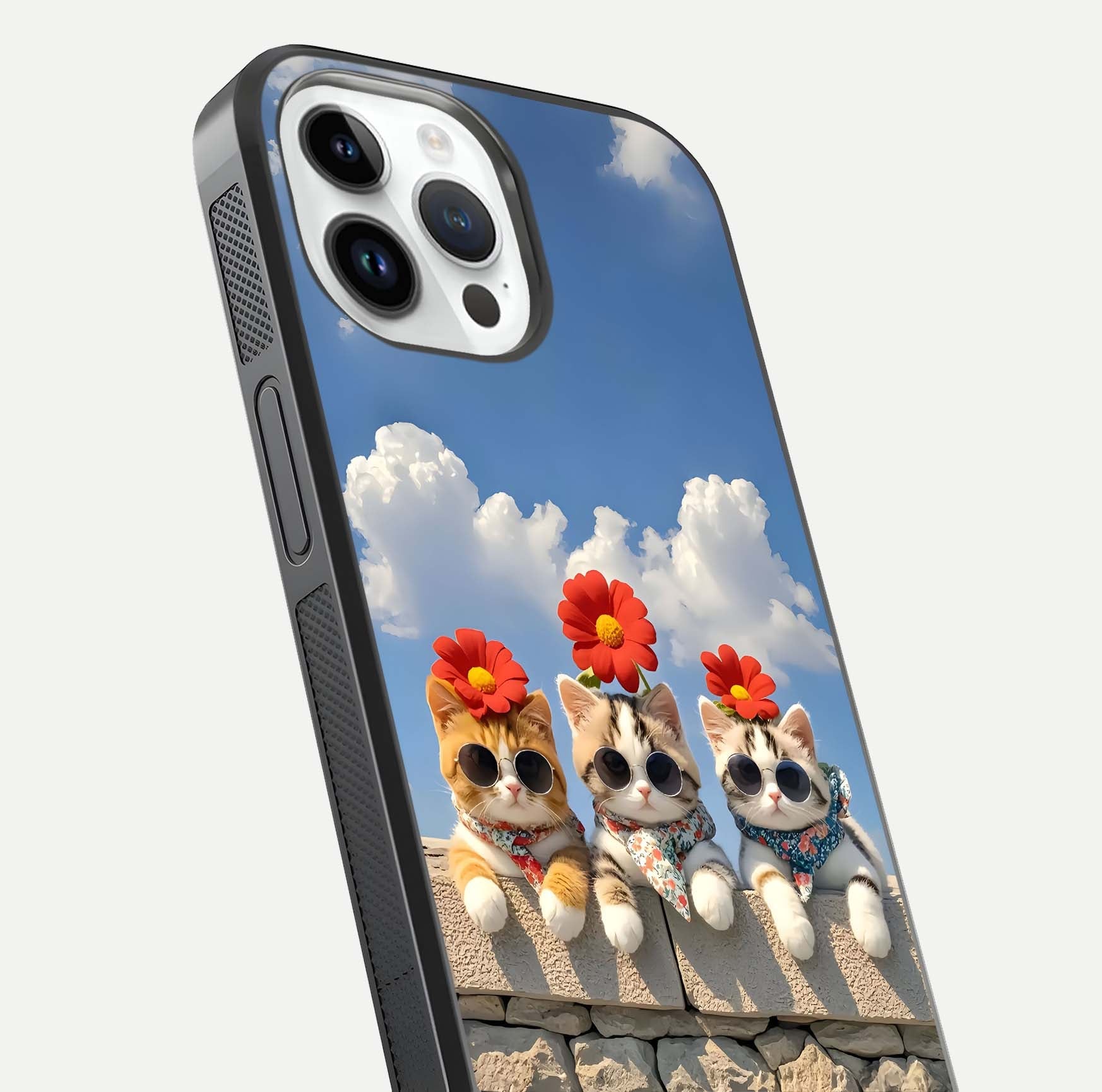 Floral Kitty Squad Glass Case for iPhone 14 Pro close-up highlighting cat detail and flower patterns with HD shine