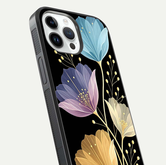 Flower Bloom Glow Glass Case for iPhone 14 Pro close-up highlighting bloom detail and reflection polish