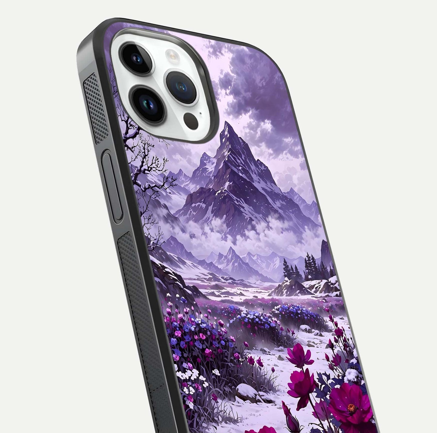 Flower Mountain View Glass Case for iPhone 14 Pro close-up highlighting petal details and sky reflection