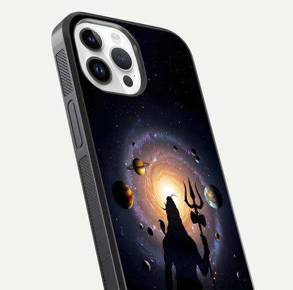 Galactic Shiva Vision Glass Case for iPhone 14 Pro close-up angled shot highlighting divine aura, trident details, and reflection shine