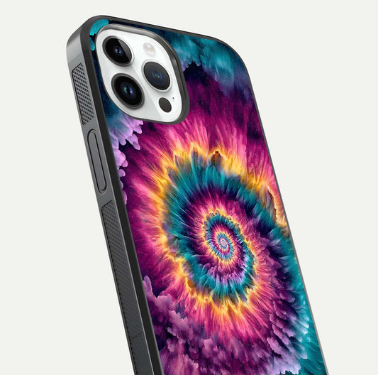 Galactic Spiral Burst Glass Case for iPhone 14 Pro close-up angled shot showing spiral burst detail, neon tones, and glossy reflection
