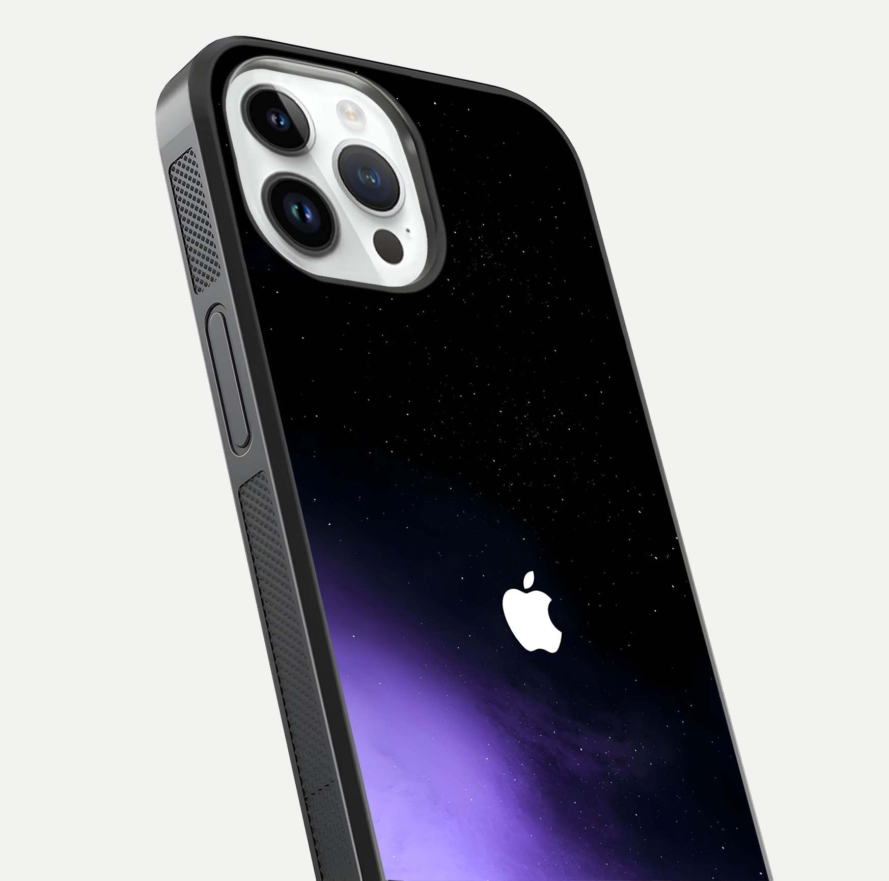 Galaxy Apple Aura Glass Case for iPhone 14 Pro close-up angled shot showing aura lighting and reflection polish