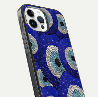 Galaxy Eye Flow Glass Case for iPhone 14 Pro close-up angled shot showing vivid swirl detail and reflection brightness