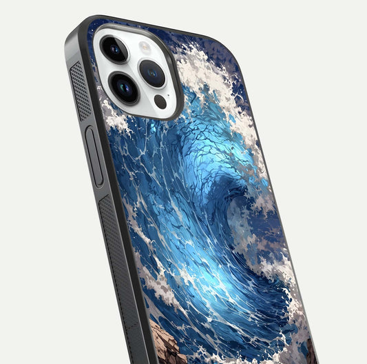 Giant Ocean Wave Glass Case for iPhone 14 Pro close-up angled shot showing wave texture and water reflection shine
