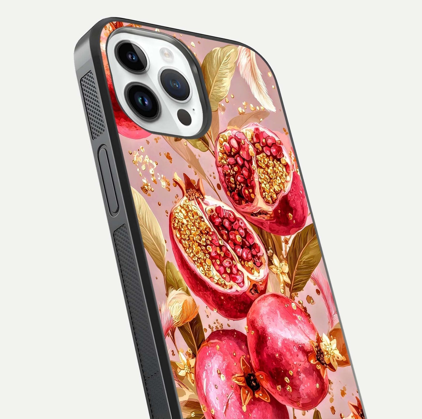 Golden Bloom Glow Glass Case for iPhone 14 Pro close-up angled shot showing metallic tones and reflection brilliance