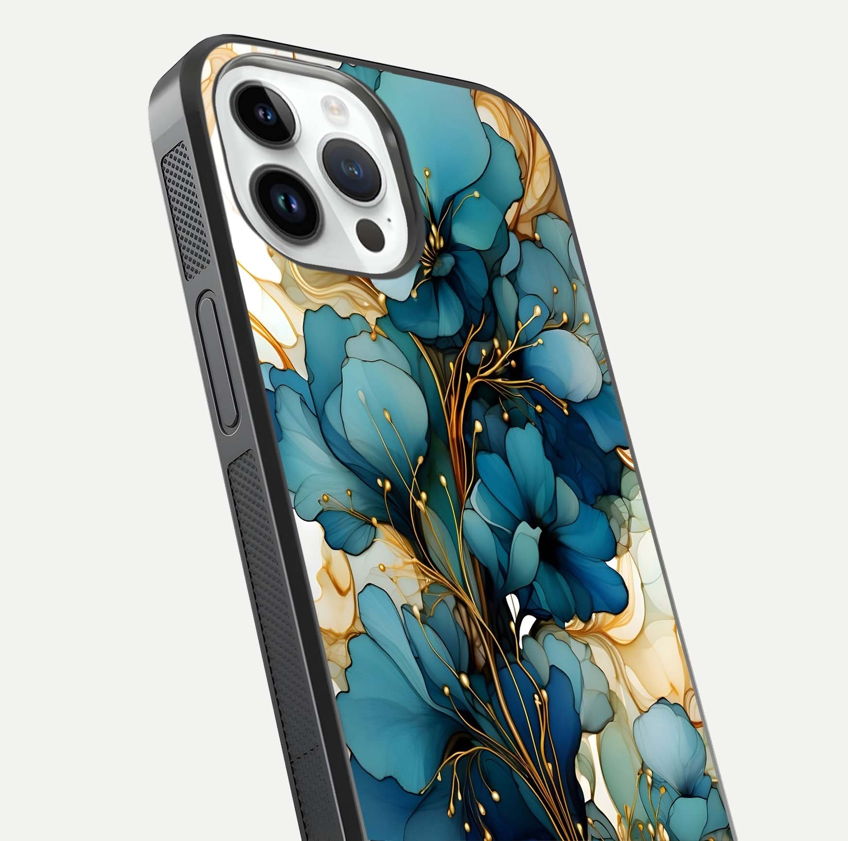 Golden Bloom Symphony Glass Case for iPhone 14 Pro close-up angled shot showing detailed petals and metallic gold reflection
