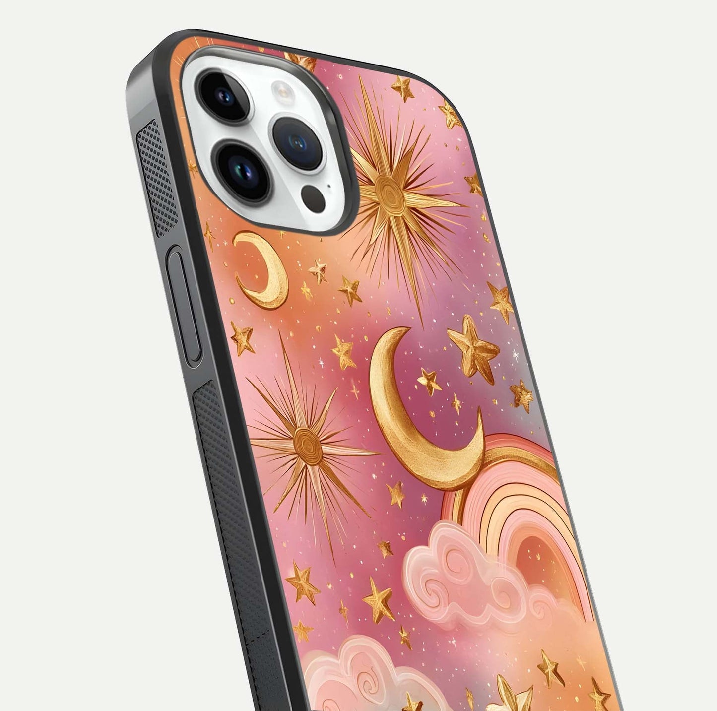 Golden Celestial Dreams Glass Case for iPhone 14 Pro close-up angled shot showing cosmic gold tones and reflection shine