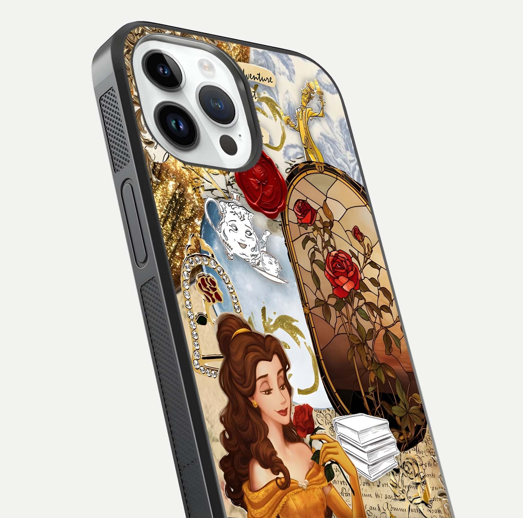 Golden Dream Belle Glass Case for iPhone 14 Pro close-up angled shot showing gradient tones and reflection polish
