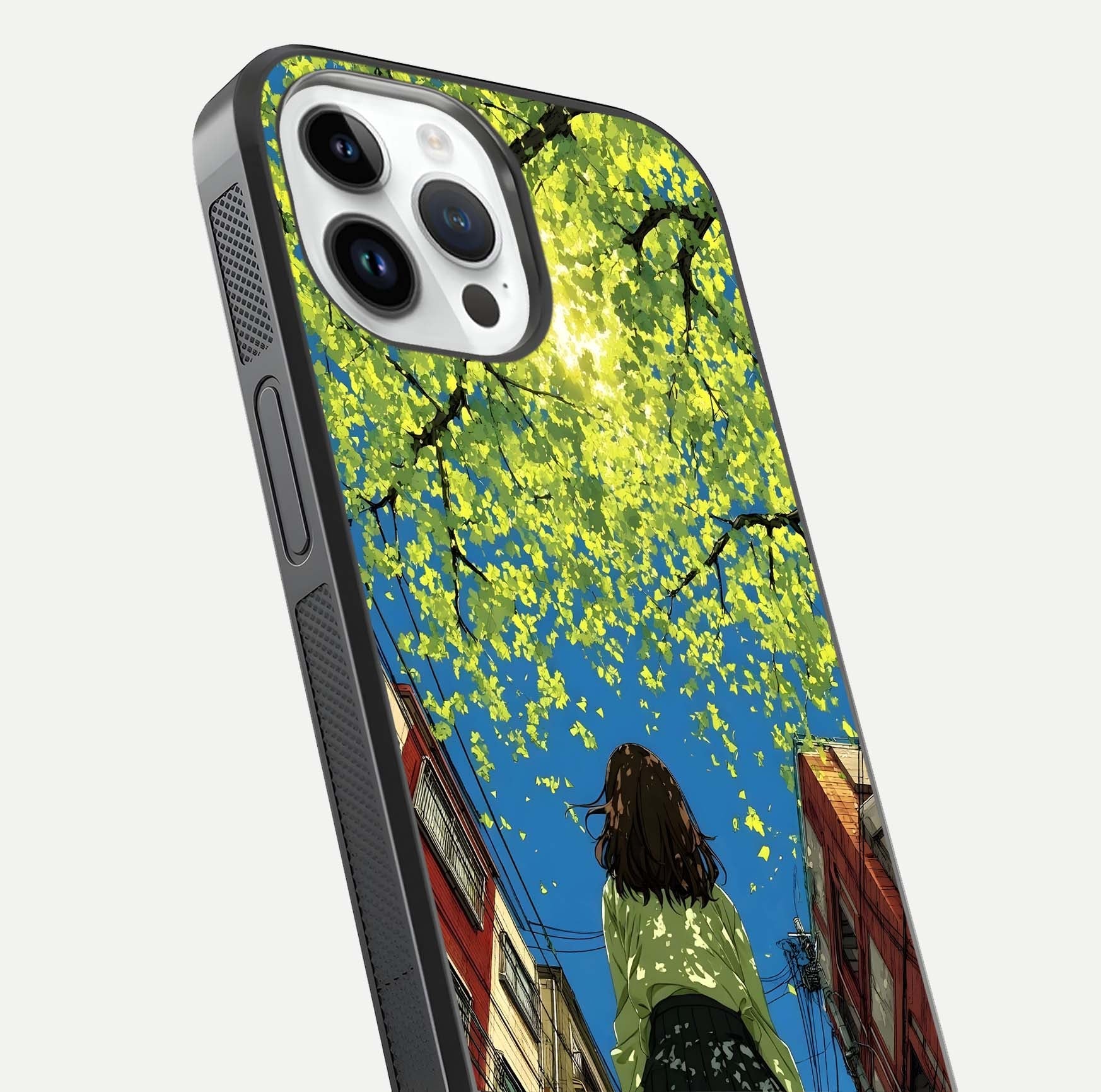 Golden Leaves Glow Glass Case for iPhone 14 Pro close-up angled shot showing fine leaf texture and reflection shine