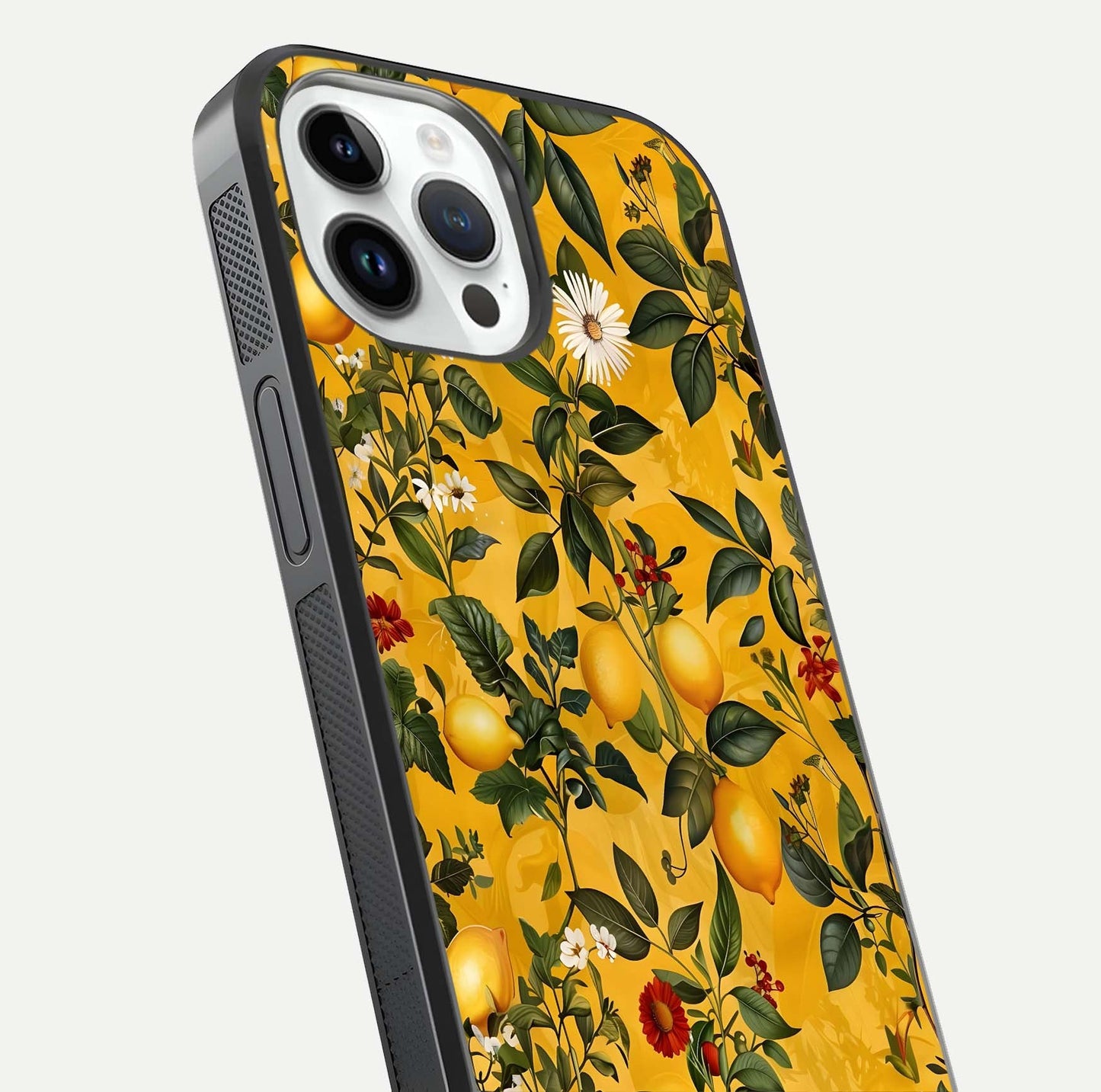 Golden Lemon Field Glass Case for iPhone 14 Pro close-up angled shot showing citrus texture and reflection brilliance