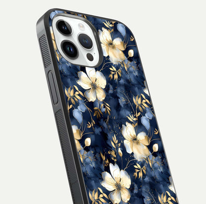 Golden Midnight Bloom Glass Case for iPhone 14 Pro close-up angled shot showing floral detail and reflection shine