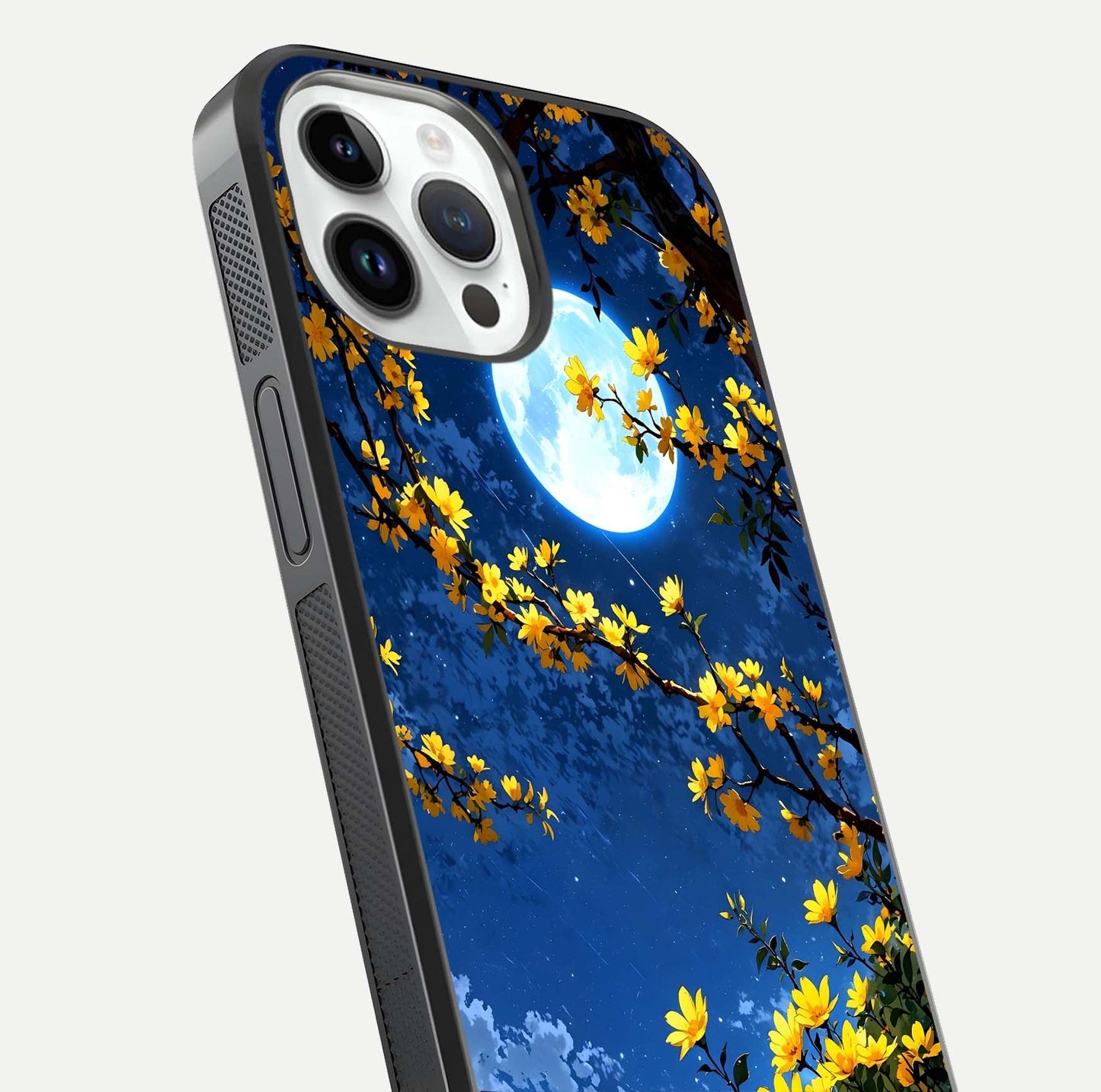 Golden Night Glow Glass Case for iPhone 14 Pro close-up angled shot showing shimmer texture and light reflection