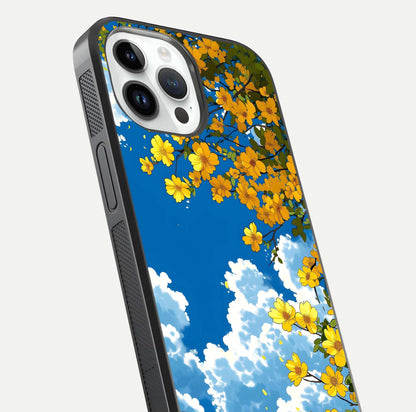 Golden Petal Sky Glass Case for iPhone 14 Pro close-up angled shot showing petal texture and shine reflection