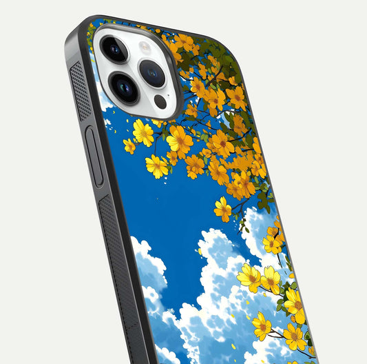 Golden Petal Sky Glass Case for iPhone 14 Pro close-up angled shot showing petal texture and shine reflection